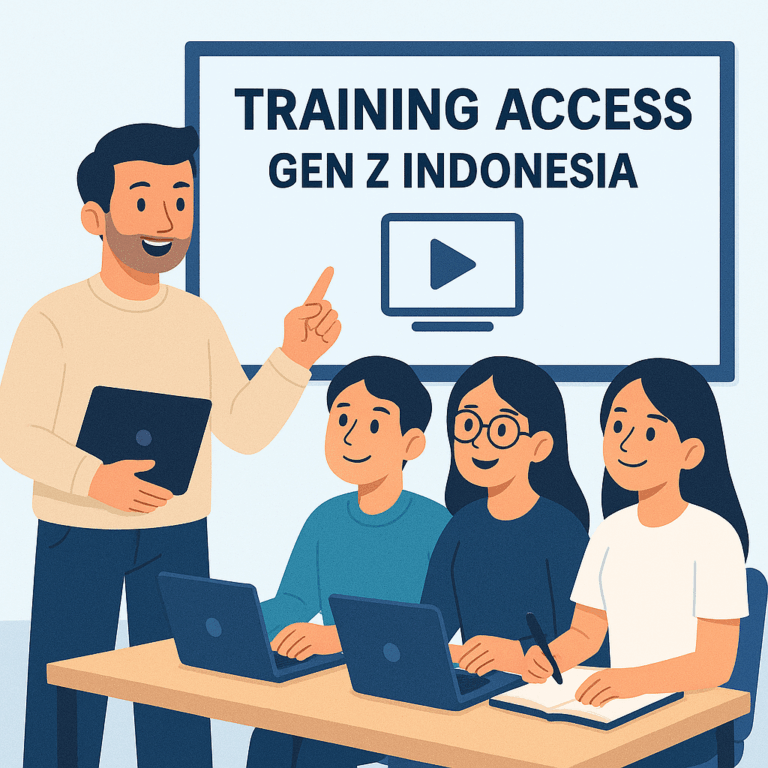 Ilustrasi digital Training Access Gen Z Indonesia menampilkan generasi muda mengikuti pelatihan modern dengan suasana kreatif dan kekinian.