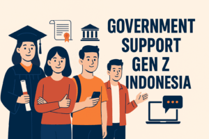 Ilustrasi dukungan pemerintah untuk Gen Z Indonesia melalui pendidikan, literasi digital, dan kebijakan kepemudaan.