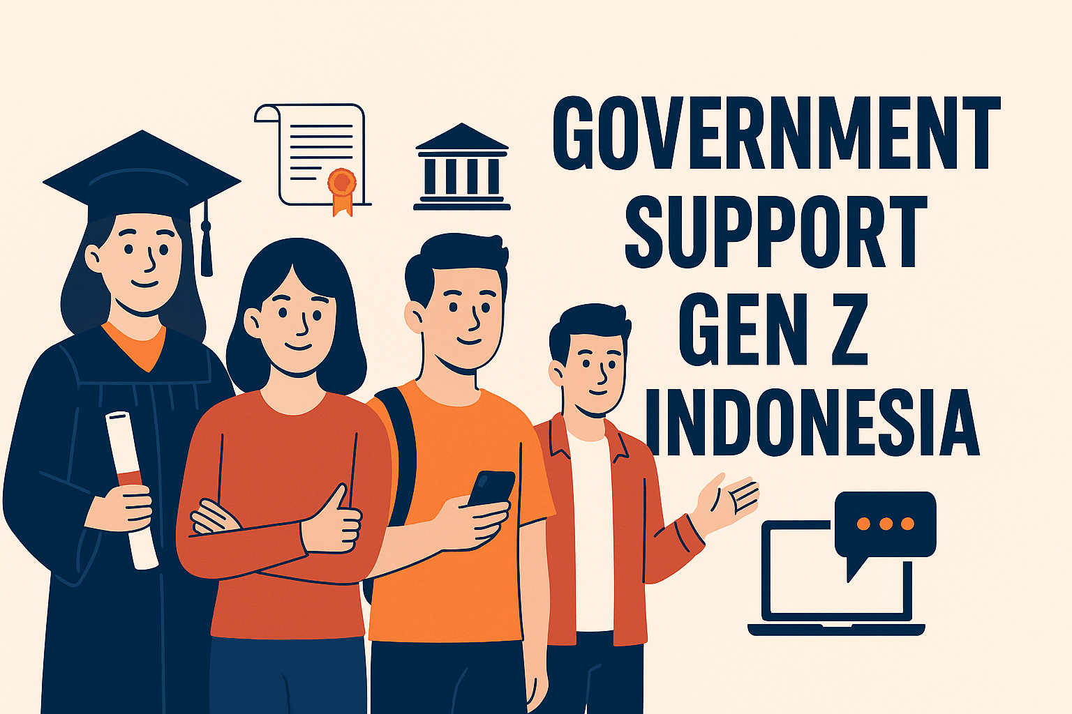 Ilustrasi dukungan pemerintah untuk Gen Z Indonesia melalui pendidikan, literasi digital, dan kebijakan kepemudaan.