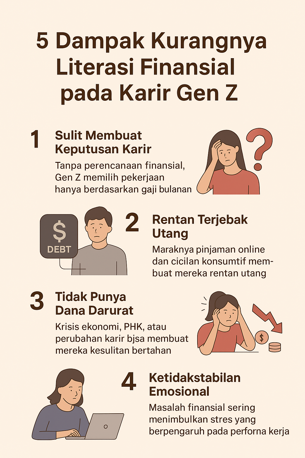 Infografis tentang 5 dampak kurangnya literasi finansial pada karir Gen Z, termasuk sulit membuat keputusan karir, rentan terjebak utang, tidak punya dana darurat, dan ketidakstabilan emosional.