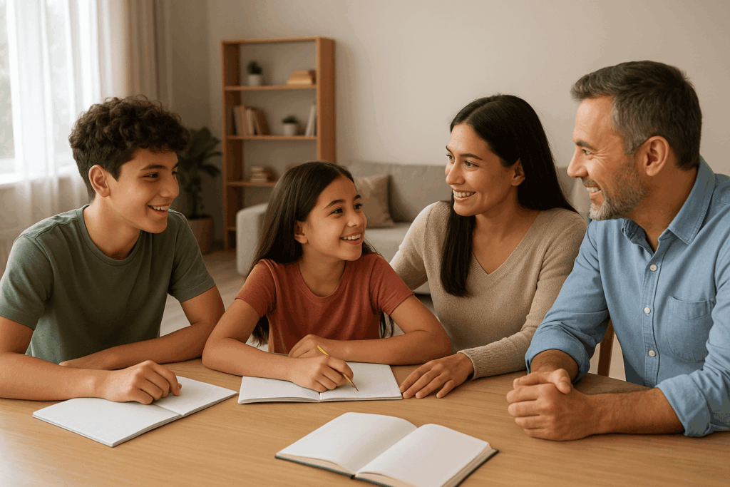 Keluarga multigenerasi sedang bercengkerama di ruang tamu sambil mendukung anak-anak belajar dengan suasana hangat.