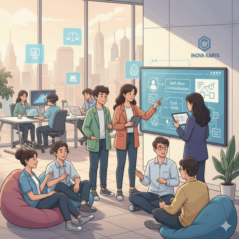 Work ethic Gen Z Indonesia di kantor modern dengan diskusi soft skills.