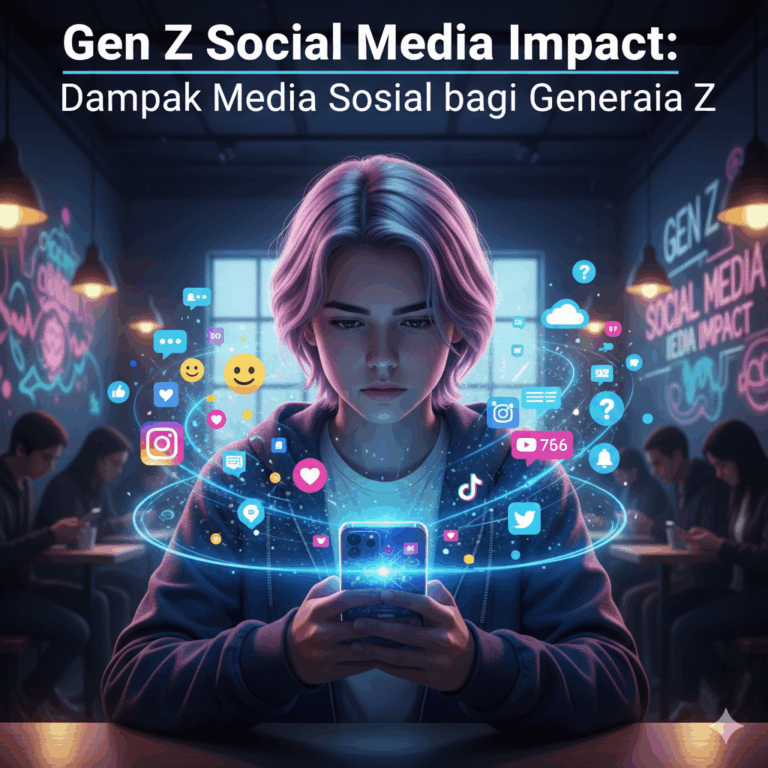 Gambar dampak media sosial pada Generasi Z, mencakup kesehatan mental, koneksi sosial, dan budaya digital.