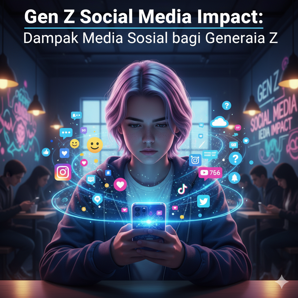 Gambar dampak media sosial pada Generasi Z, mencakup kesehatan mental, koneksi sosial, dan budaya digital.