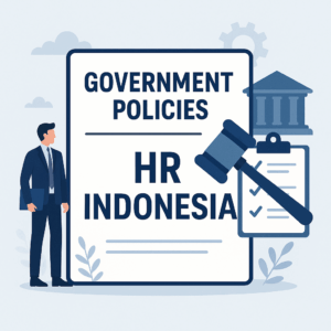 Ilustrasi government policies HR Indonesia dengan simbol dokumen dan gedung pemerintahan.